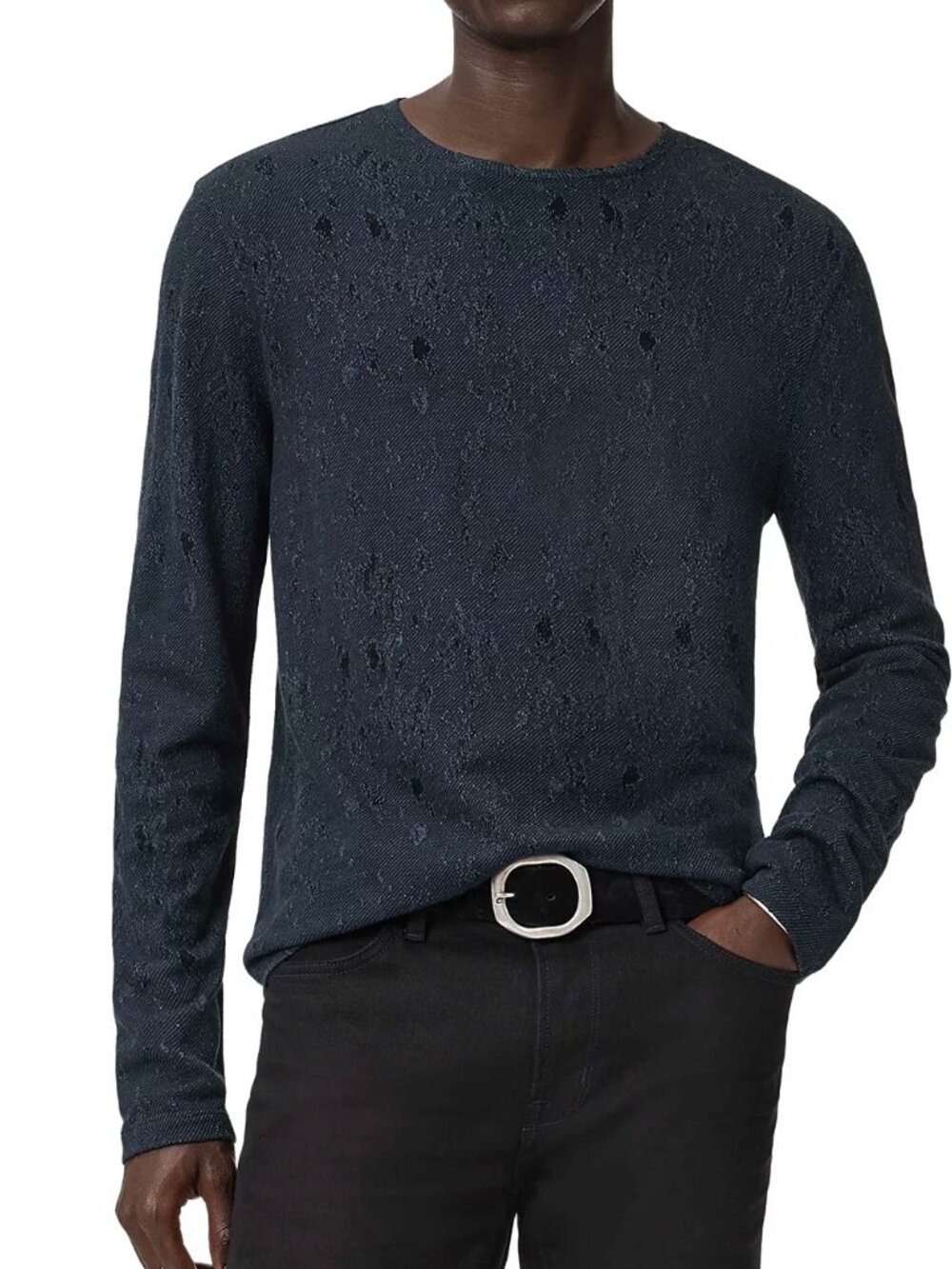 John Varvatos Collection Men's Vera Distressed Jacquard Textured Crew Tee Navy